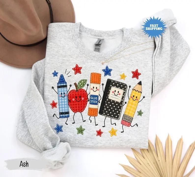 [Sweatshirt or Tshirt] Back to School Sweatshirt, Apple Pencil Notebook Graphic Shirt, Doodle School Teacher Sweater, Cute Teacher Gift, Teacher Gildan Crewneck