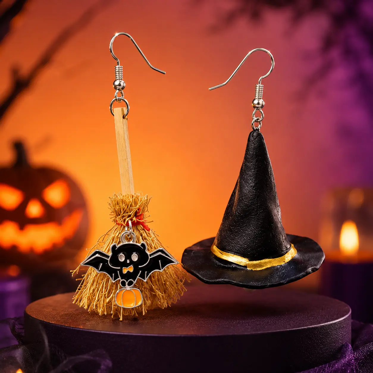 Halloween Earrings - Witch Hat & Broom Dangle Earrings, Cute Acrylic Halloween Jewelry with Bat Pumpkin Charm, Spooky Costume Accessories for Women Girls, Halloween Party Gift