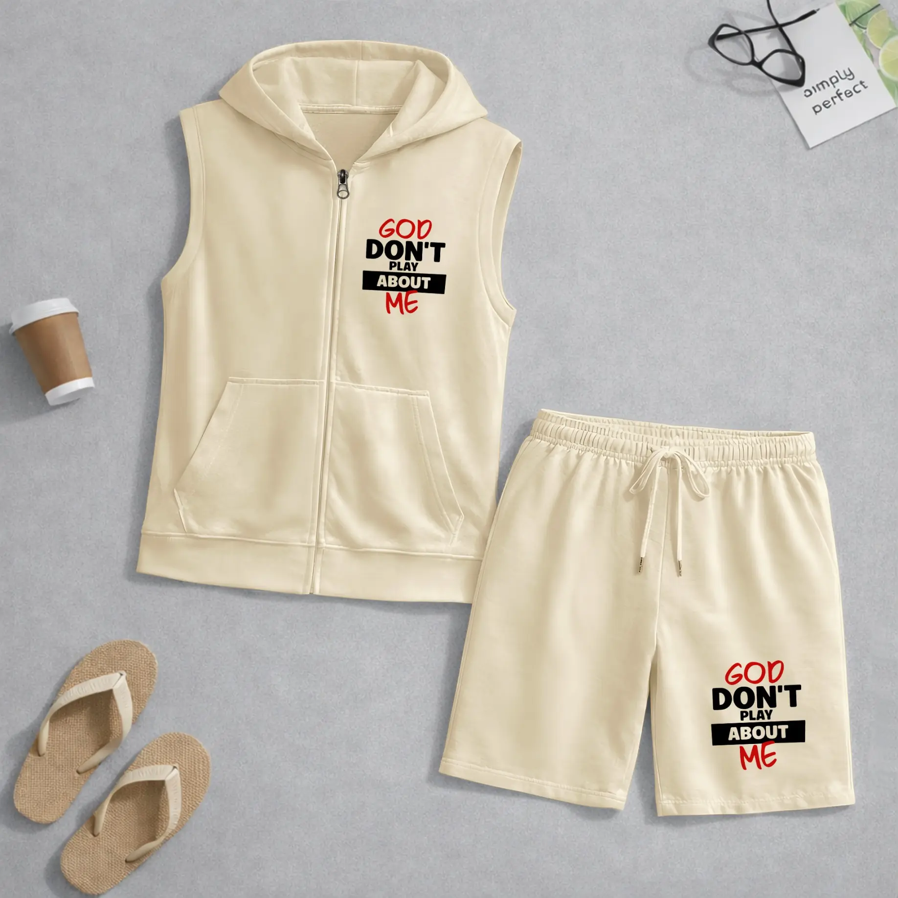 Men's 2-Piece Polyester-Cotton Clothing Set, God Don't Play About Me Faith Letter Print Zip-Up Sleeveless Hooded Vest & Drawstring Shorts, Breathable Lightweight Summer Casual Gym Streetwear