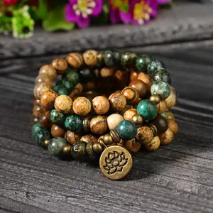 Natural Matte Picture Jasper African Turquoise 108 Mala Beaded Unisex Bracelet Healing Spiritual Protection stretchy Bracelet