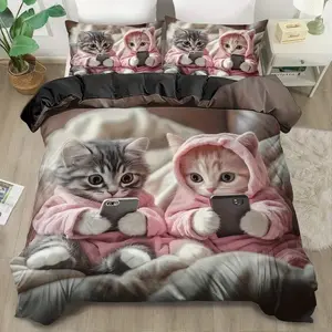 Cartoon Cat Cute Bedding Set of 3, suitable for bedrooms and guest rooms, including 2 pillowcases and 1 duvet cover, made of polyester material, suitable for all seasons, perfect for couples, and perfect for bedroom and guest room decoration