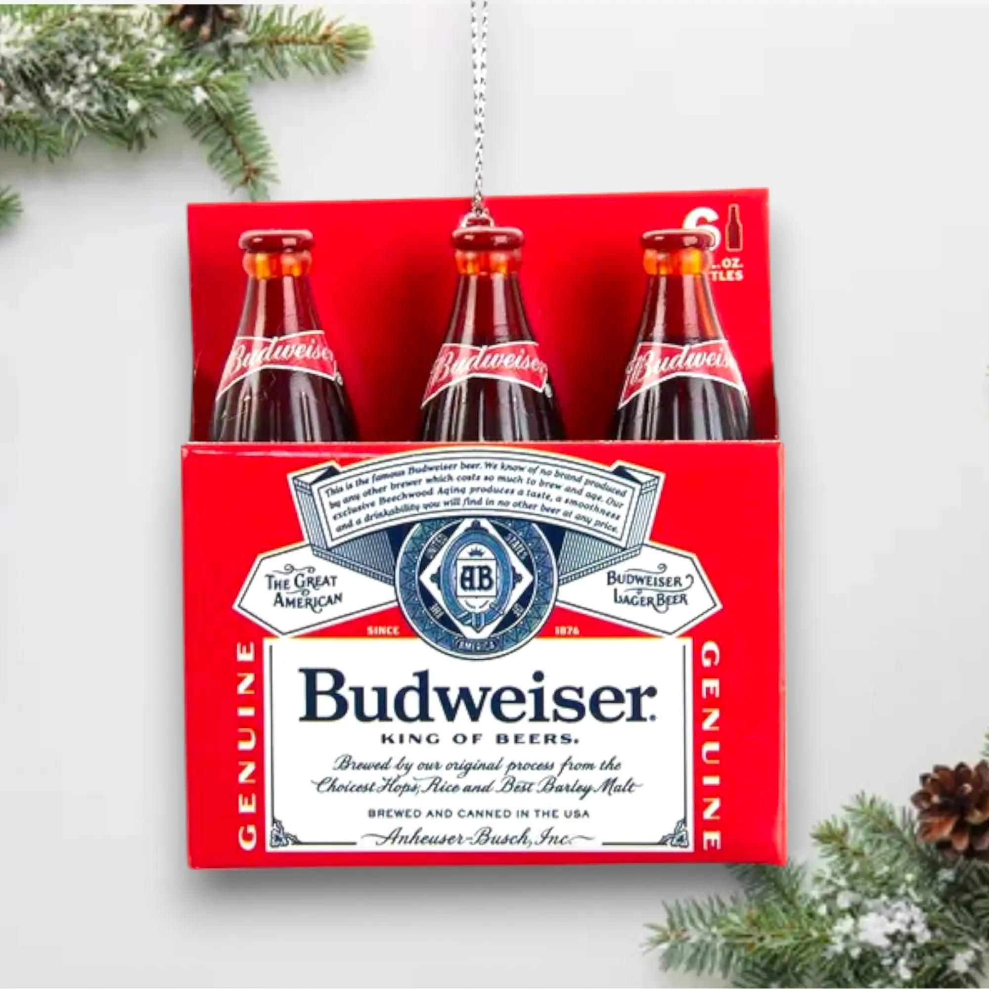 Budweiser 6-Pack Christmas Ornament – King of Beers Red Bottle Crate Holiday Décor – Funny Beer Ornament for Men – Novelty Drink Ornament – 4” – Noel Box