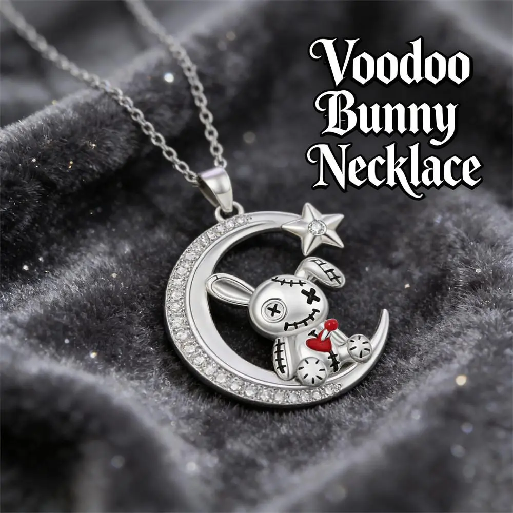 Gothic Crescent Moon Voodoo Bunny Necklace - Premium Zinc Alloy Red Heart Rhinestone Pendant Jewelry, Edgy Alternative Animal Accessory for Women, Long Casual Daily Dark Aesthetic Gift for Halloween Birthday, Female, Metal Coating