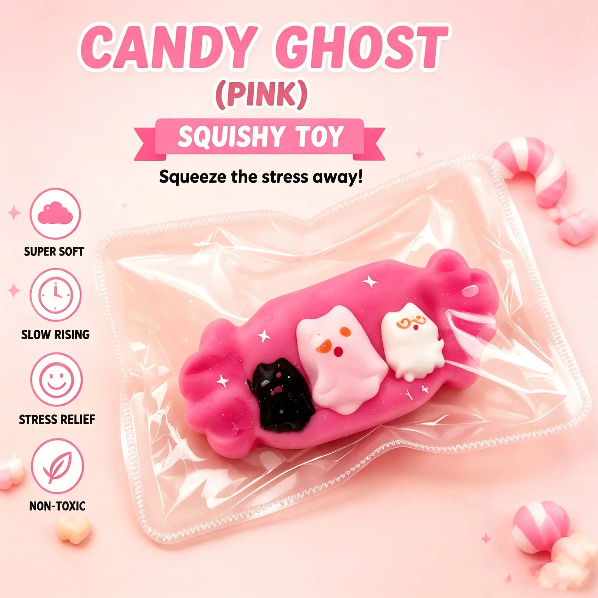 CANDY GHOST Pink Squishy Toy, Kawaii Ghost Stress Relief Fidget Toy, Soft Slow Rising Squeeze Toy for Kids & Adults, Cute Halloween Gift