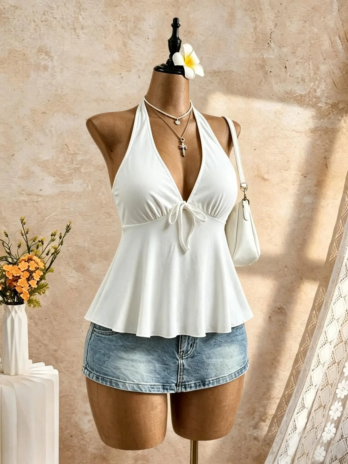 Summer Casual Flattering Sleeveless Halter Neck Design, Deep V Neckline, Drawstring Backless Tank Top, Fit, Perfect for Beach, Daily Wear, Vacation, Halter Cami Top