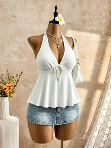 Summer Casual Halter Neck Design, Deep V Neckline, Drawstring Backless Tank Top, Fit, Perfect for Beach, Daily Wear, Vacation, Halter Cami Top