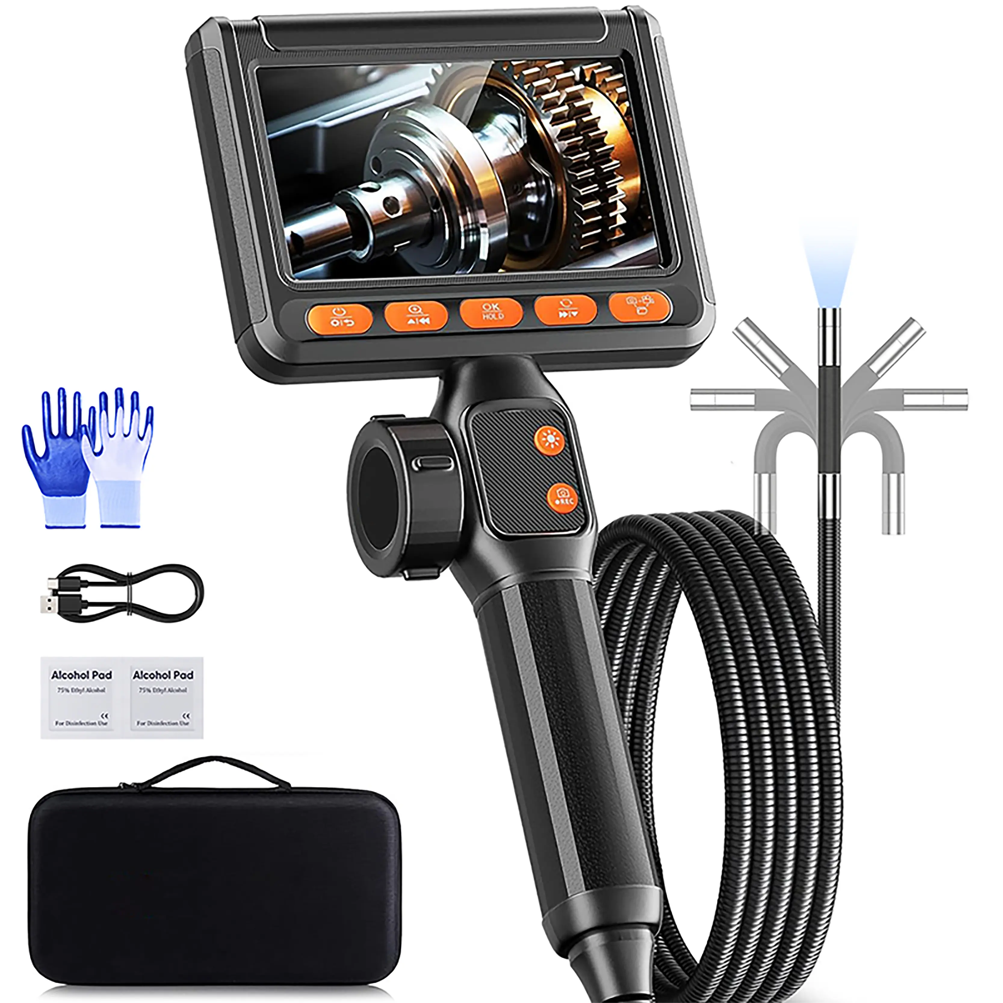 SHEKAR Flexible Industrial Endoscope Camera Borescope - 2-Way Rotatable, 3 Adjustable Lights, 1080P, 5.5FT Semi-Rigid Cable, 4.3" LCD Screen, 2000mAh, 8 LEDs for Dark Areas, Automotive Repair Tools, Car Tools, Cars Accessories for Automotive Mechanics