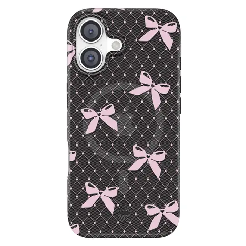 Velvet Caviar Lacy Pink Bows Magnetic Laser Print iPhone Case - Protective, Durable Shockproof Polycarbonate Smartphone/Cellphone Cover with TPU Bumper Cushions for Everyday Bumps, Scratch-Resistant Raised Bezels, Cute Accessory