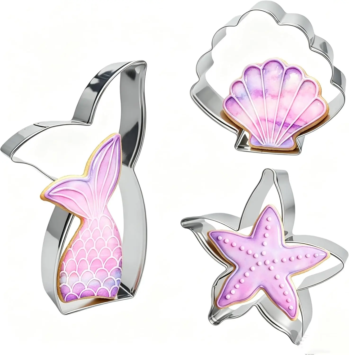 Mermaid Cookie Cutters,Mermaid tail, Starfish, Seashell-Stainless Steel Holiday Cookie Cutters Shapes for Baking Gift