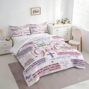 2/3PCS Christian Bible Verse Comforter Set, Christian Bible Verse Quilt, Soft Microfiber Bedding Set with Pillowcases, Modern Comforter Color Duvet Set Full Size,Religious Decor for Bedroom