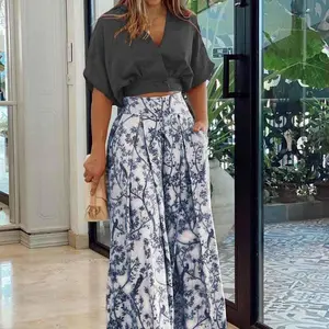 2025 Autumn Set Shirt Top V-neck Fashion Print Wide-leg Pants Fashion Set Clothes Suits Womenswear Batwing