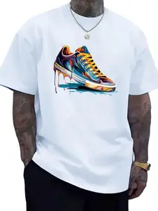 Fashion Graffiti Sneaker Short Sleeve T-Shirt, Comfortable Casual Daily Wear, Fitted Long Design, Perfect for All Seasons