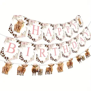 1Set Highland Cow Birthday Decorations - Highland Cow Happy Birthday Banner, Garland, Boho Retro Floral Highland Cattle Holy Cow Farm Animal Birthday Party Decorations
