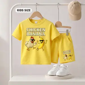 Children's Chicken and Banana Print Short-Sleeve T-Shirt And Shorts Set—Casual Summer Kids' Clothing. This Round-Neck Outfit Combination Is Perfect For Everyday Wear And Outdoor Play.