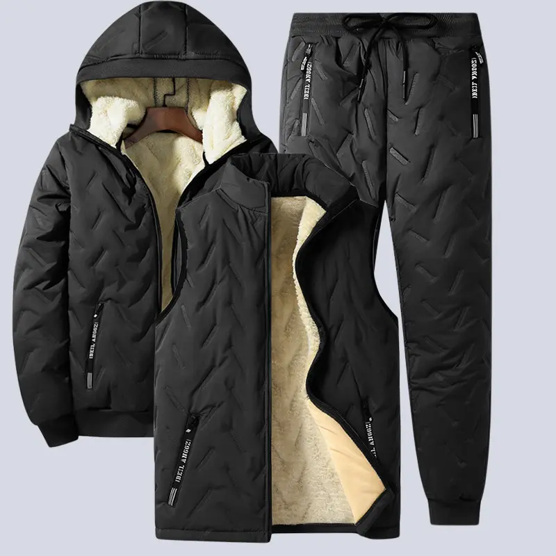Men’s three-piece set featuring a black quilted hooded jacket and sweatpants, thickened and fleece-lined for warmth, suitable for cold weather.