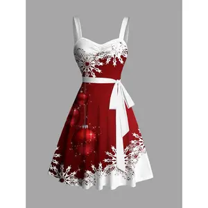 2024 Women's Christmas Dresses Sweetheart Neck Snowflake Bell Contrast Print Ruched Bust Tank Belt Festival Dress