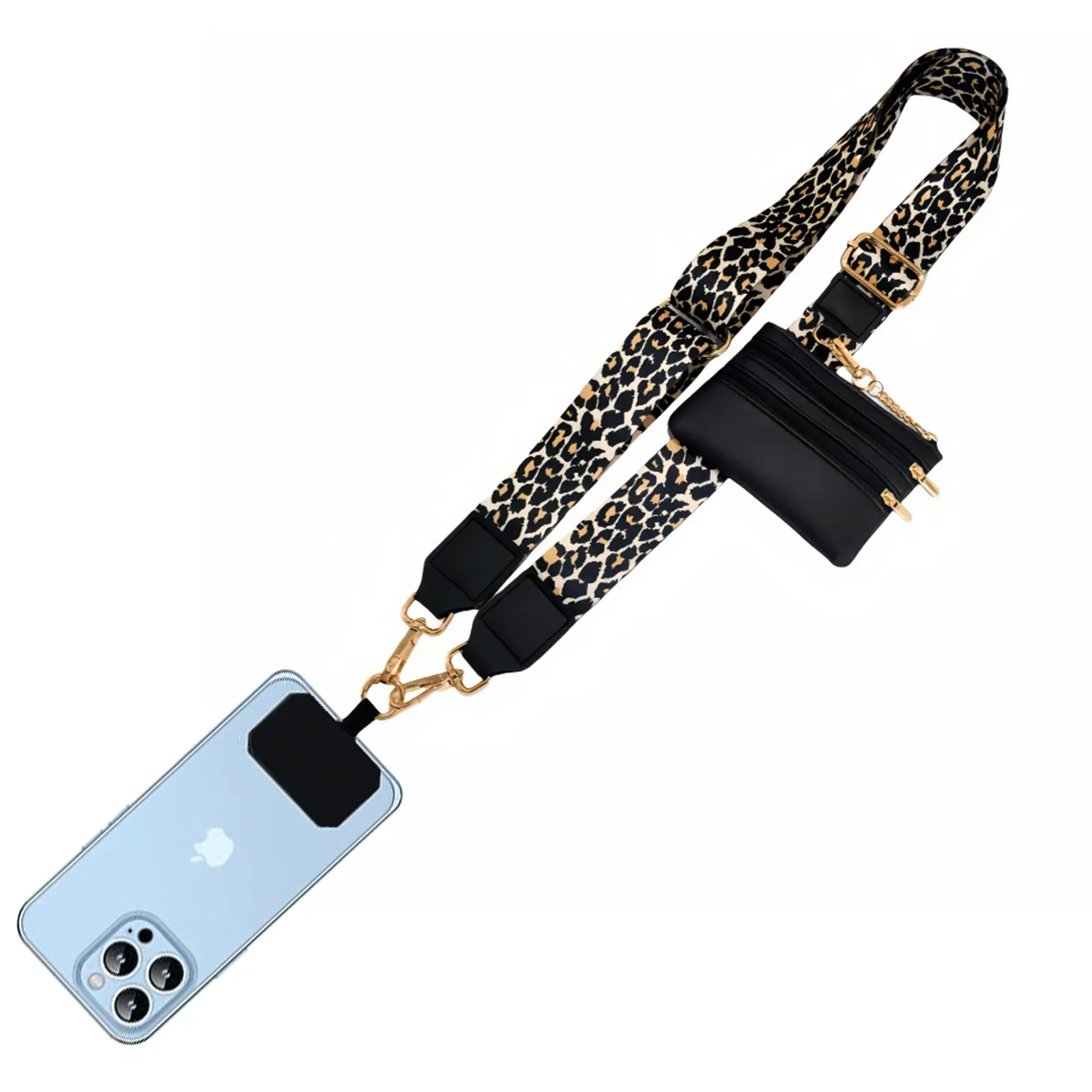 Phone Charm and Lanyard with Zippered Pouch – Stylish Adjustable Crossbody Chain Lanyard (with Leather Card Holder); Universal Fit for All Phones; Leopard Print; Suitable for Outdoor Activities, Travel, Work, Parties, and Celebrations.