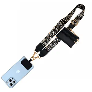 Clip and Phone Strap with Zipper Pocket - Stylish Crossbody Adjustable Chain Lanyard with Leather Wallet for All Phones, Leopard Print