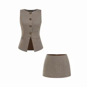 Cider Houndstooth Boat Neck Button Front Top & Low Rise Mini Skirt Set