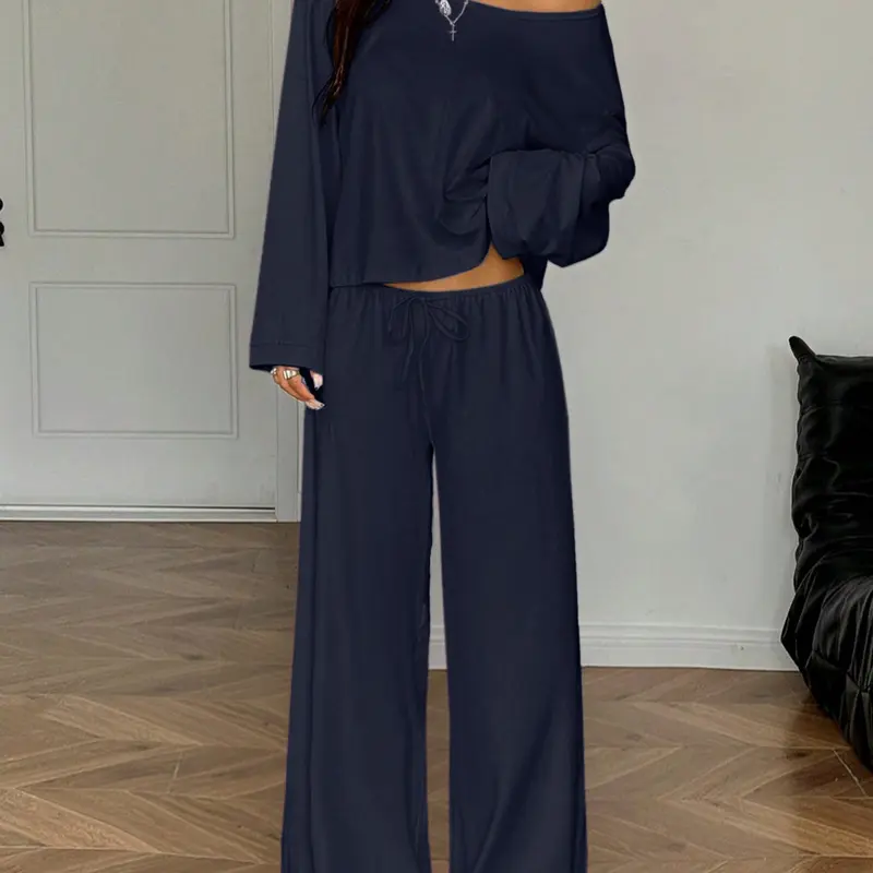 Women's 2 Piece Set/6 Piece One Shoulder Long Sleeve Top Adjustable Drawstring Waist Baggy Wide Leg Pants Home Wear Set, Casual Style Comfortable, Chic, Clothes Belted Pants Set Clothing Set