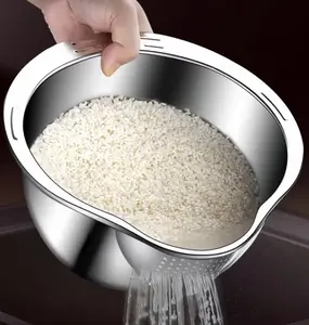Three-in-One Stainless Steel Colander Set Includes vegetable washing basket, draining basket and chopping tool Versatile for washing rice, fruit and vegetables A practical and durable kitchen essential