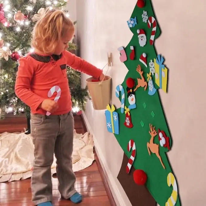 Durable 3FT Hangable Felt Christmas Tree Wall Hanging - Customizable DIY Set with 26 Detachable Ornaments, Sticker, Strap, 40.9in H x 28in W, Modern Festive Party Decor for Door, Cultivates Hand-Eye Coordination, Ideal Christmas Gift for Ceremony