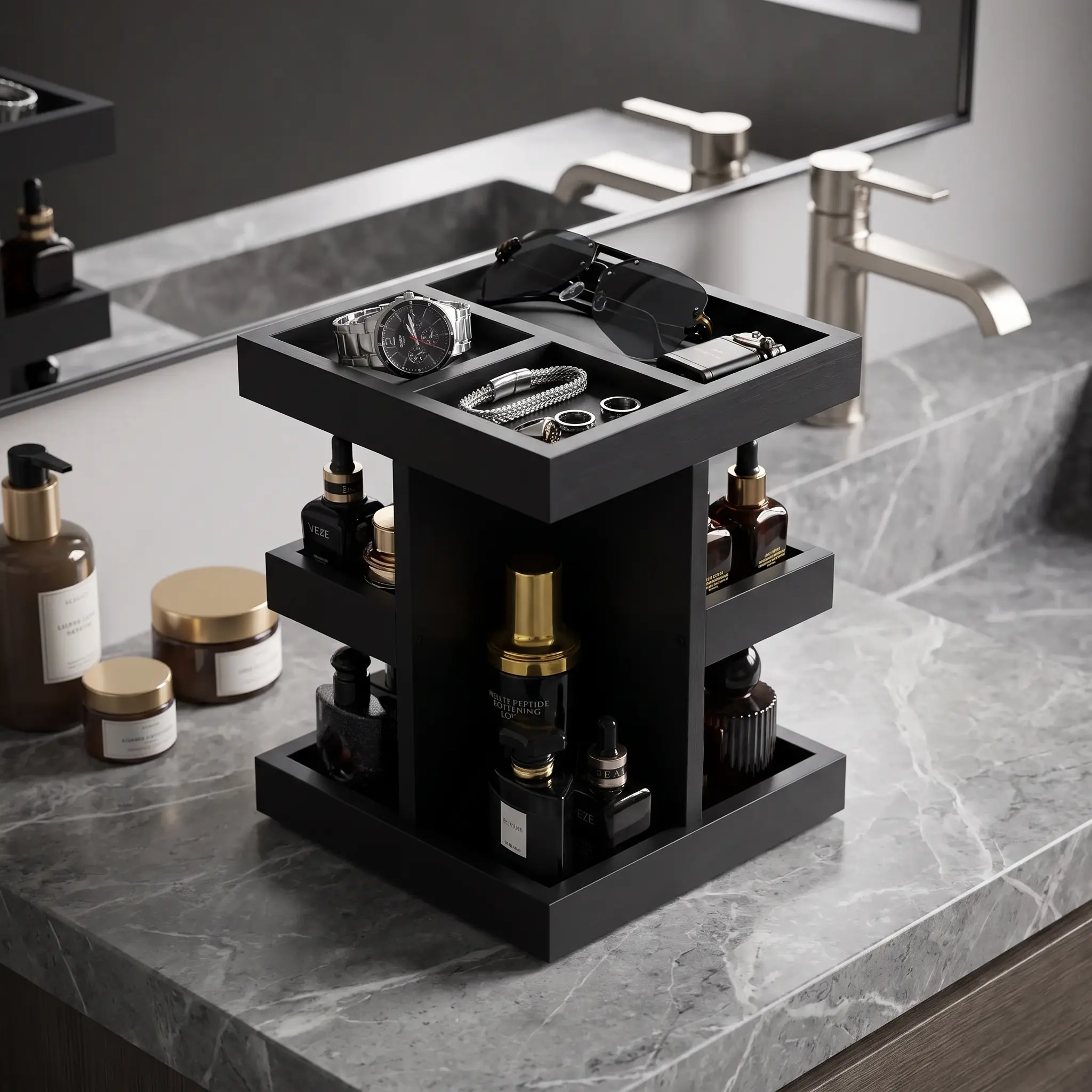 Men's Rotating Cologne Organizer, Premium Black Wooden Perfume Stand with Dual Drawers, 3 Tier Fragrance Display & Vanity Storage, Perfect Gift for Husband, Boyfriend & Dad