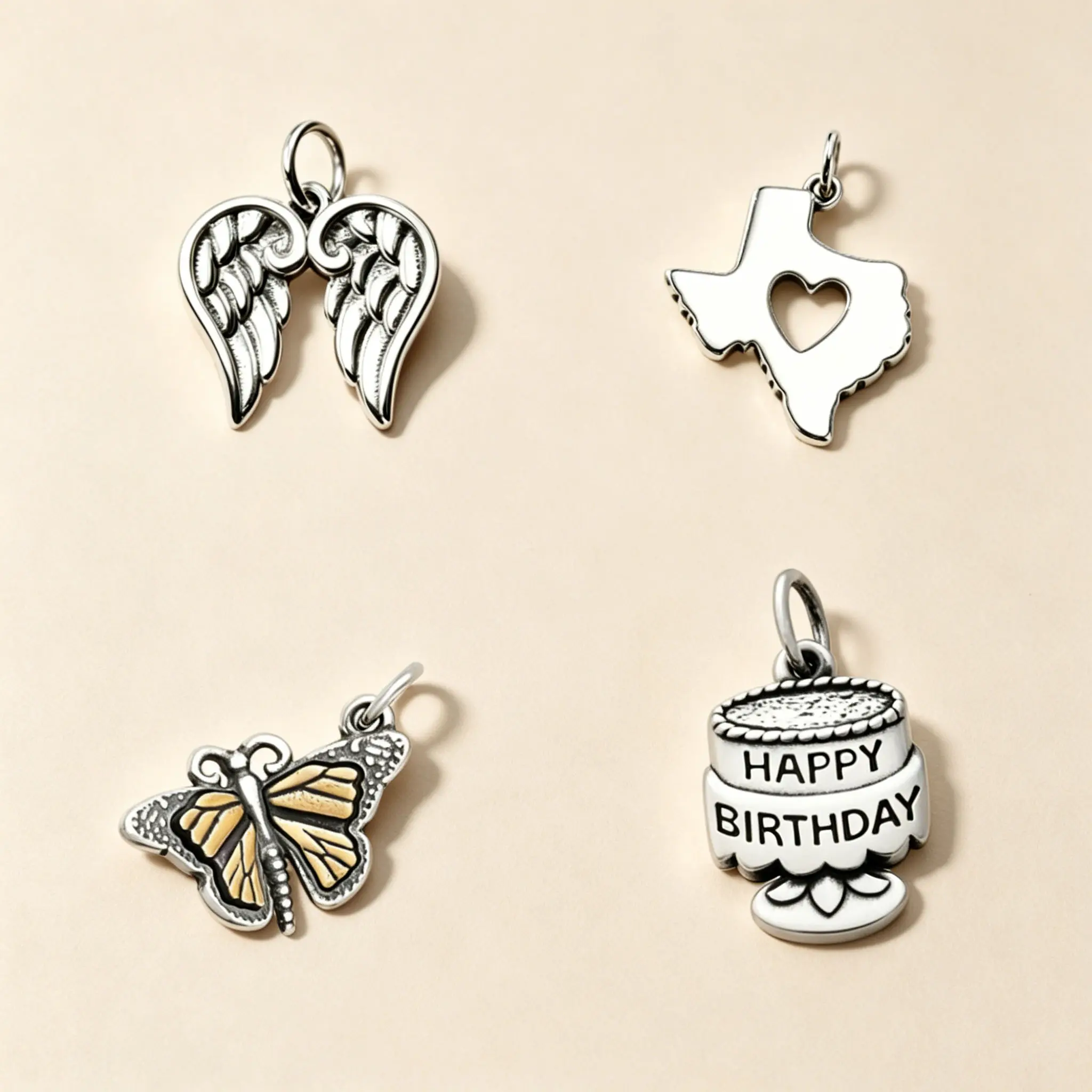 Vintage Silver Dangle Charms Deep in The Heart of Texas Map Angel Wings Happy Birthday Cake Monarch Butterfly Bead Charms Fit European Charm Bracelets DIY Jewelry Gift for Women Girls