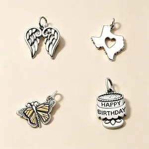 Vintage Silver Dangle Charms Deep in The Heart of Texas Map Angel Wings Happy Birthday Cake Monarch Butterfly Bead Charms Fit European Charm Bracelets DIY Jewelry Gift for Women Girls