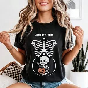 Custom Maternity Halloween Shirt, Pernalized Skeleton  , Halloween Pregnancy T Shirt, Funny Mommy To Be Gift, Trick Or Treat Top graphic tee