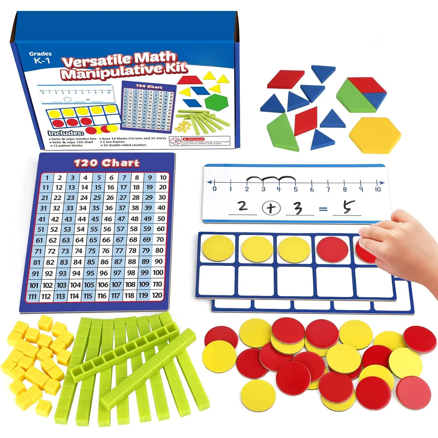 Take Home Versatile Math Manipulatives Kit for  Grade K-3,With Ten-Frames,Base Ten Blocks,Math Counters,Number Line,120 Number Chart, Blocks,Homeschool Supplies (Develops Early Math Skills)