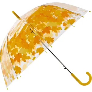 Clear Dome Bubble Umbrella with Leaves Automatic Switch Long Handle Straight Pole Rainproof Photographing for Women and