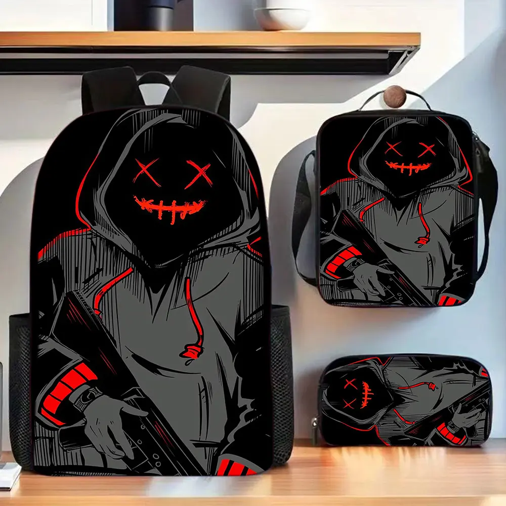 Durable Water Resistant 3-Piece Backpack Set for Kids, Lightweight School Bag with Lunch Box & Pencil Case, Black Red Hooded Horror Face X-Eye Graphic Full-Print Daypack, Breathable Padded Strap Large Capacity 600D Oxford Trendy Bookbag for Teens