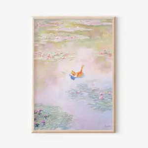 Monet Water Lily Pond Cat Poster, Monet Orange Cat Art Print Gift, Funny Kitty Monet Floral Wall Art