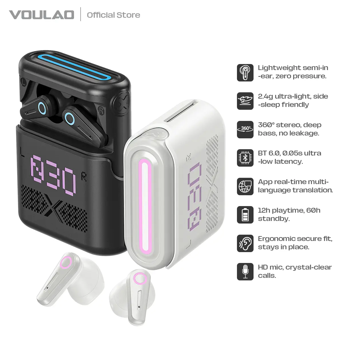 VOULAO VL03 Gaming Bluetooth Earbuds Low Latency Multi-Language Translation Wireless Bluetooth 6.0 IPX5 Waterproof Long Battery Life Touch Controls Wireless Headphones