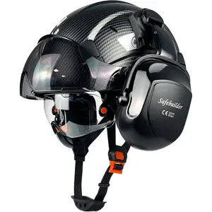 Safety Helmet With Goggles Ear Muffs Work at Hight Carbon Fiber Hard Hats For Industrial Construction Head Protection ANSI Z89.1 Approve (01-+&Tinted Goggle+B07Earmuff)
