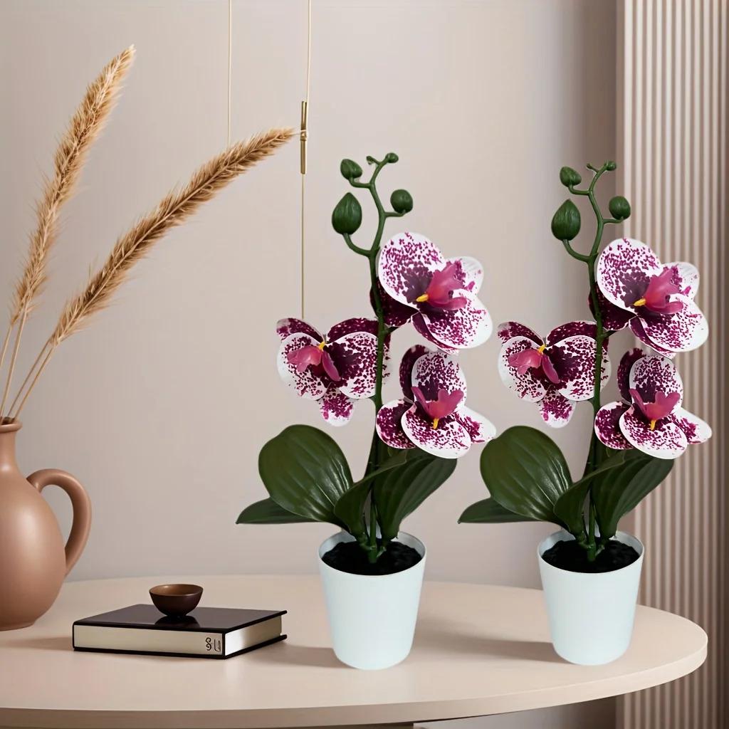 2/4pcs Elegant and Beautiful Phalaenopsis Orchid Potted Plant, Realistic Unique Purple Spotted Flowers with Pot