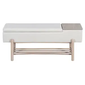 Beige Rectangle Lift Top Storage Bench Rubber Wood Legs Plywood MDF Veneer 2 Inch Memory Foam Cushion Anti-Pinch Gas Strut Hidden Compartment Lower Shoe Rack 200LBS High Load Minimalist Accent Bench for Entryway Bedroom Living Room