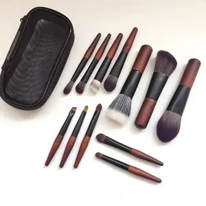 12Pcs Mini Brown Natural Goat Hair Makeup Brushes, Portable Full Face Cosmetic Brush Set
