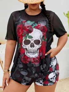 Plus Size 3pcs Punk Skull & Rose Print Tankini Set with Cover-Up Top - Summer Halloween