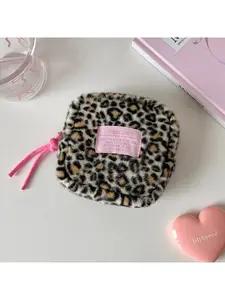 Luxury Leopard Print Plush Makeup Bag, Student Mini Compartment Sanitary Pad Organizer, Travel Portable Lipstick Pouch, Cosmetics Bag