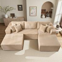 3 Seat Beige L Shape Sofa Right Chaise & Ottoman