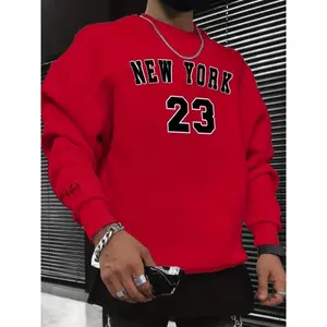 NEW YORK 23 Print Fashionable Men's Casual Long Sleeve Crew Neck Pullover Sweatshirt, Suitable For Outdoor Sports, For Autumn Spring, Can Be Paired With Hip-hop Necklace, As Gifts