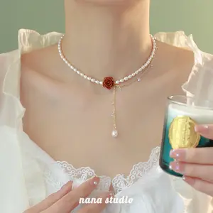 Pearl Necklace For Women Light Luxury Niche Collarbone Chain Cool Summer Style Cinnabar Flower Necklace