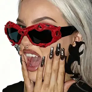 Gothic Blood Red Twisted Lip Wrapped Oval Sunglasses, Irregular Hand Sculpt Frame Dark Punk Party Rave Shades