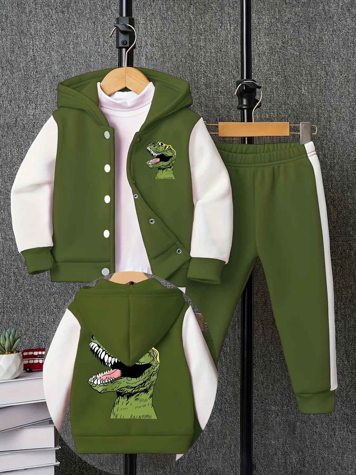 Boys' Fall & Winter Cartoon Dinosaur Hooded Jacket Set, Comfortable Casual Pants, Fitted Moderate Fabric, School Style Fashion, Go Out Sets
