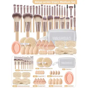 55PCS Pro Makeup Gift Set:32PCS Aluminum Brushes(Face/Eye/Lip)+12PCS Skin Prep Tools+4 Sponges+4 Mini+12 Puffs(Triangle/Cushion/Round)+6 Beauty Essentials+Hairband+2 Wristbands+Brush Cleaner+2 Cleansing Sponges+Waterproof Zipper Organizer