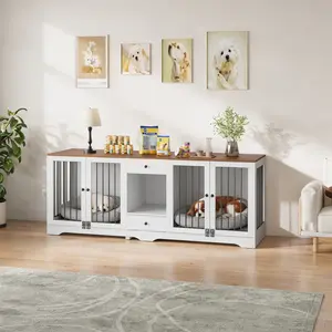 Garvee 83" Extra Large Dog Crate Furniture with 2 Storage Drawers,Heavy Duty Dual Dog Kennel 4 Doors,Furniture Style Dog House & TV Stand,Secure Locks,Stylish Black Walnut Pet Cage for Medium Large Dogs,Multi-Functional Indoor Kennel easy assembly