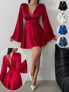 Sexy V Neck Bodycon Dress, Long Sleeve Backless Party Dress, Slim Fit Short Skirt for Women, Perfect for Bar, Club, Vacation