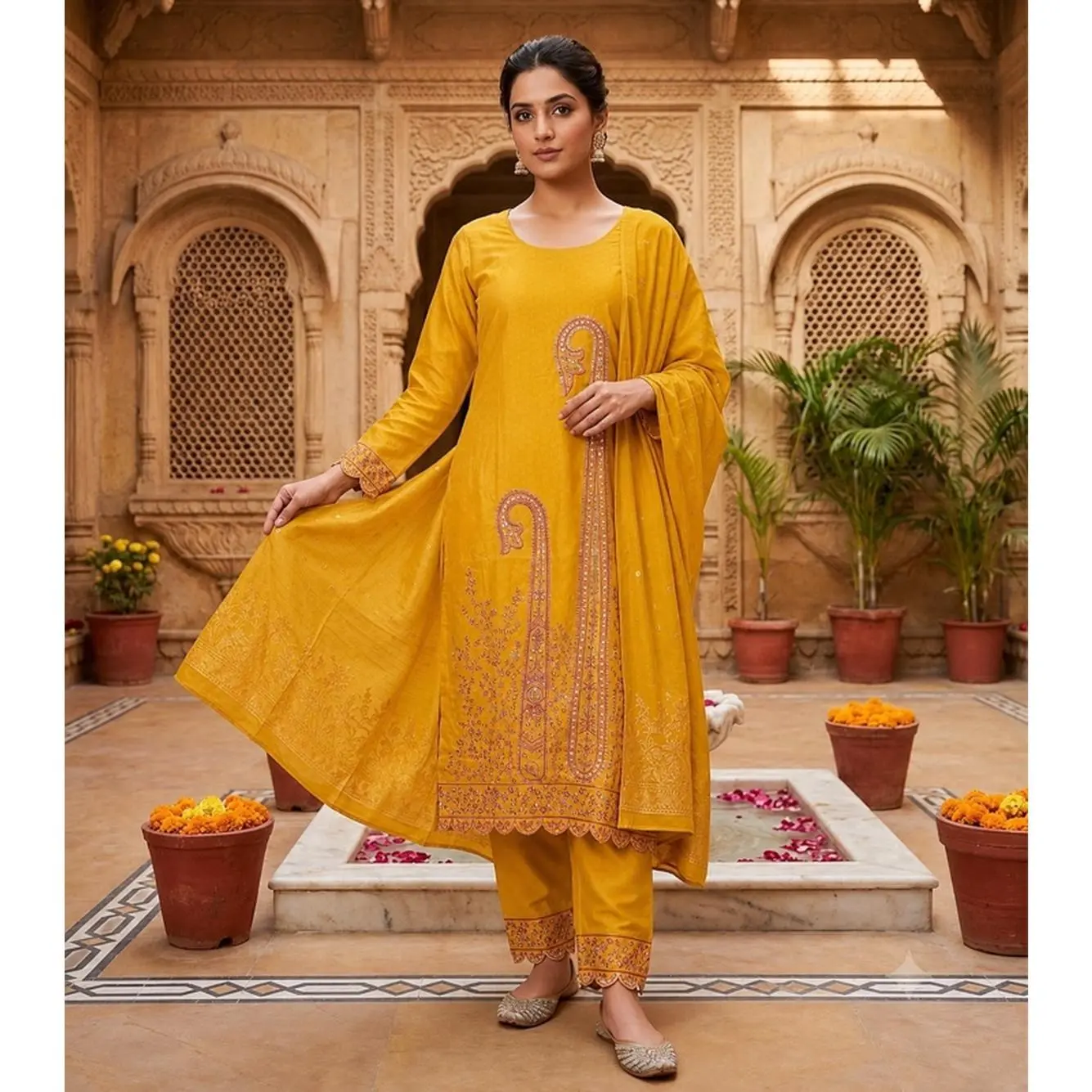 Women's Elegant Ethnic Kurta Set with Embroidered Floral Details and Sheer Mesh Dupatta Stylish Three-Piece Traditional Suit for Festivals and Weddings Size 42